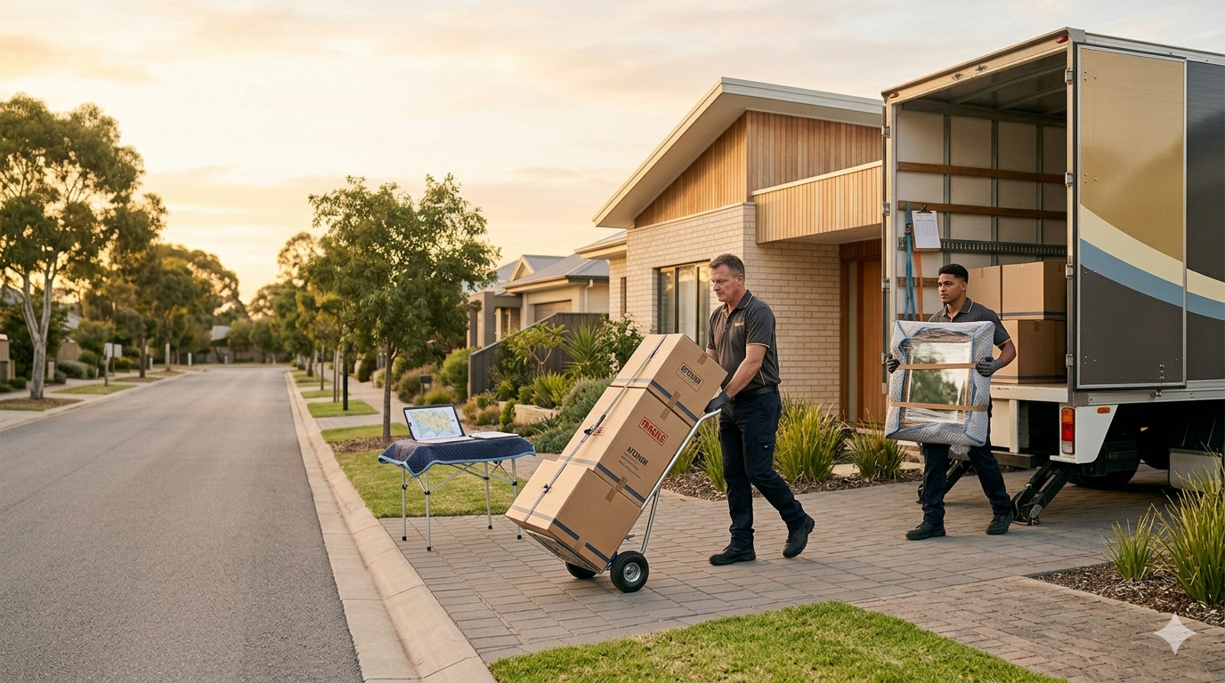 ZQ Removals crew preparing a family home move in Adelaide with wrapped furniture and cartons ready for loading