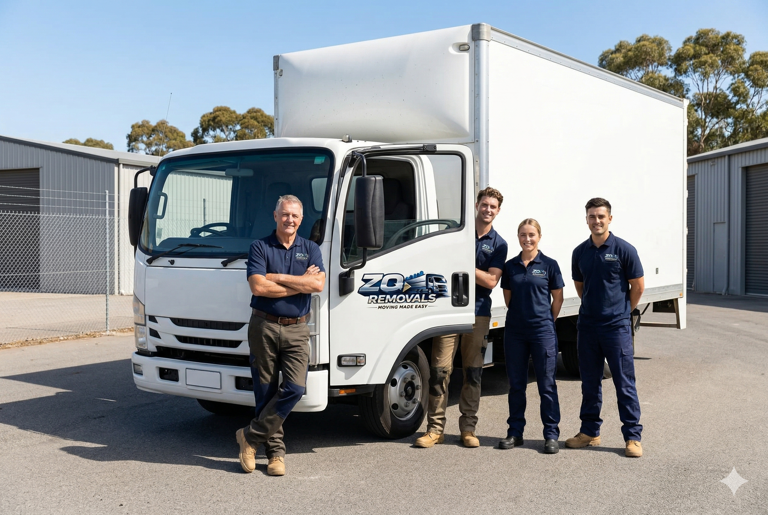 ZQ Removals team standing beside a branded moving truck at the Adelaide service base.